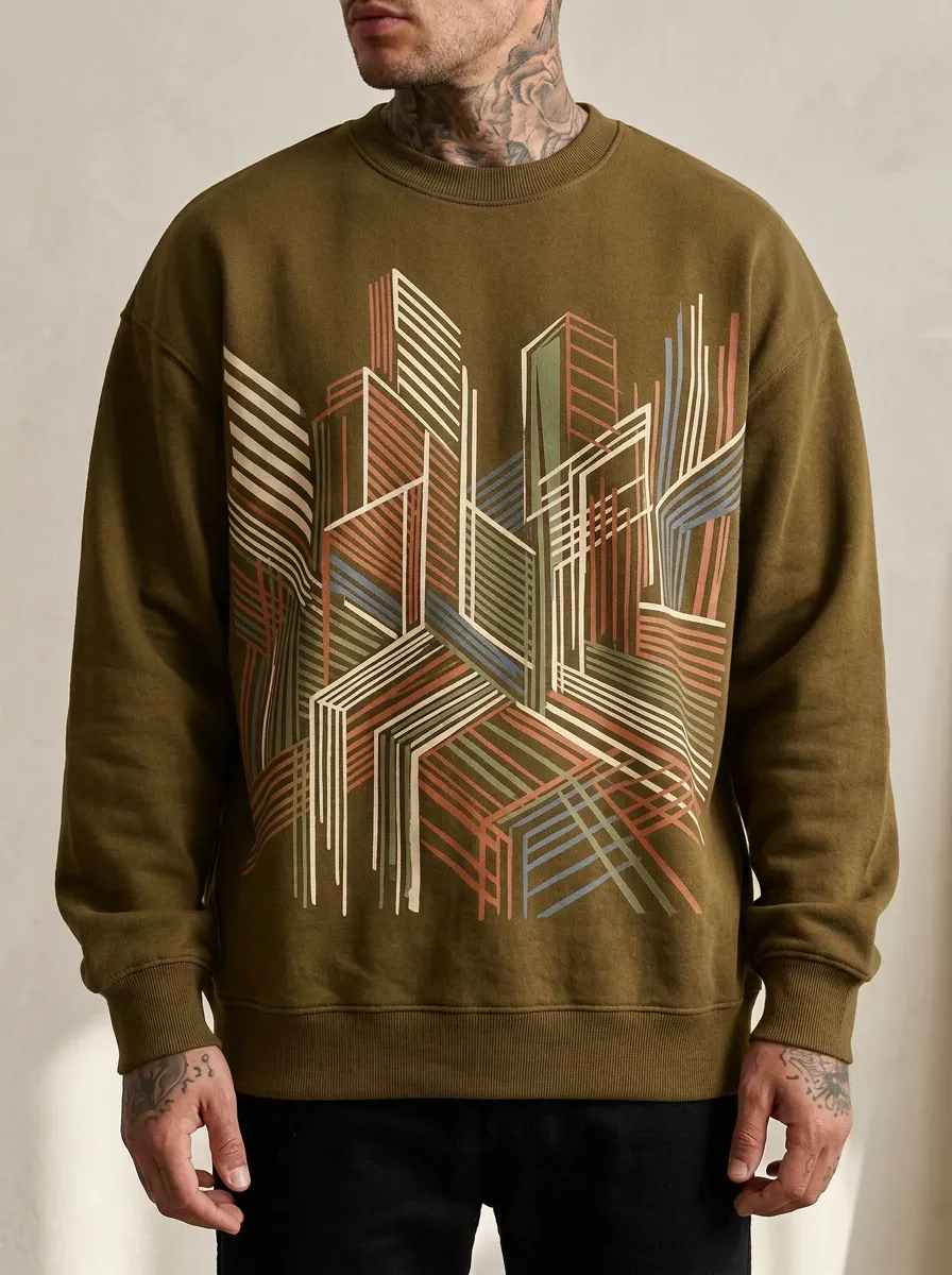 Urban Architecture Abstract Cityscape Graphic Crewneck Sweatshirt With Ribbed Trim