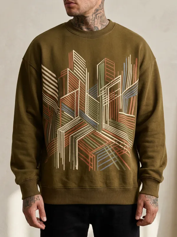 Urban Architecture Abstract Cityscape Graphic Crewneck Sweatshirt With Ribbed Trim