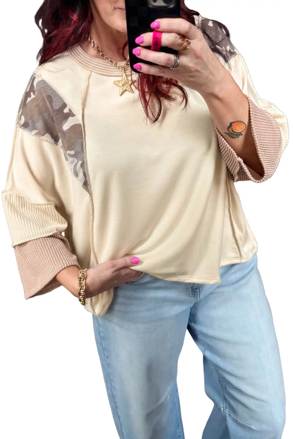 Camouflage Print Twist Detail Three Quarter Sleeve Top