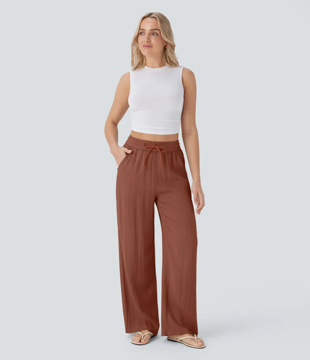 2026🔥  High Waisted Drawstring Pocket Wide Leg Casual Linen-Feel Pants