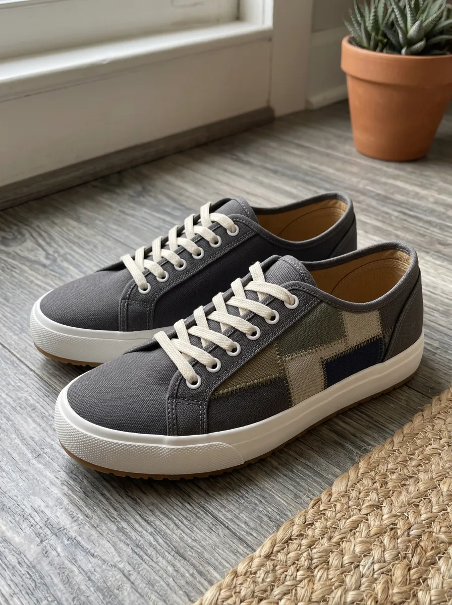 Men's Grey Patchwork Pattern Printed Canvas Shoes