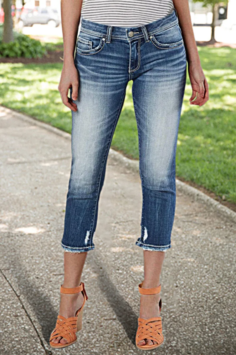 Washed Ripped Low Waist Crop Skinny Jeans