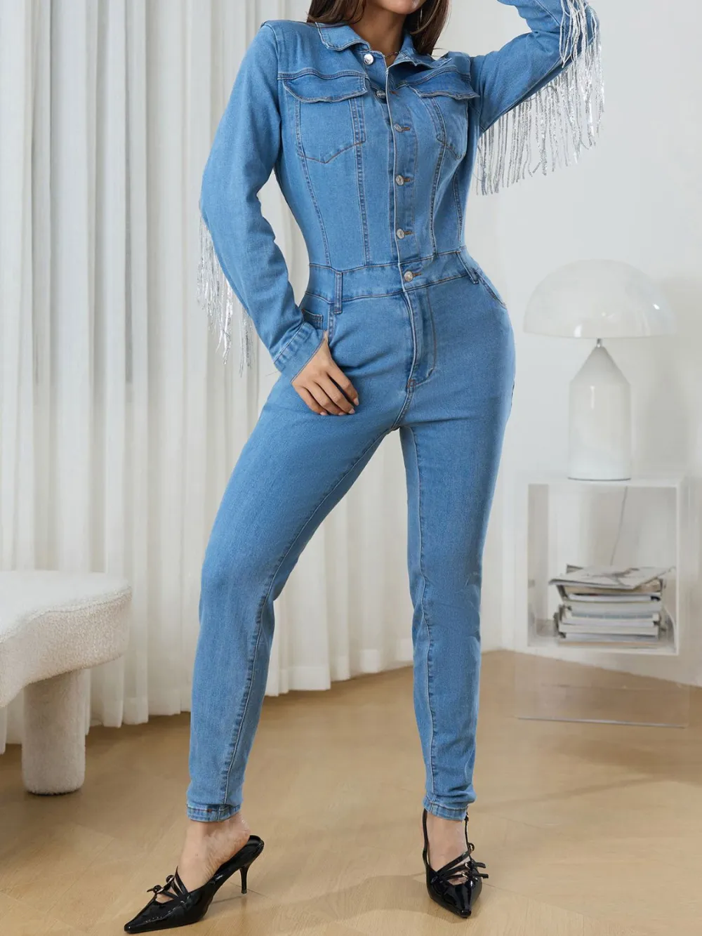 Fringe Half Button Long Sleeve Jumpsuit Denim Pants