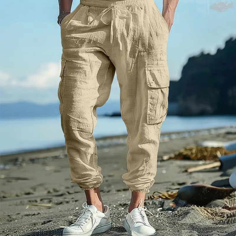 Men's Casual Linen Cargo Waist Pockets Cargo Pants
