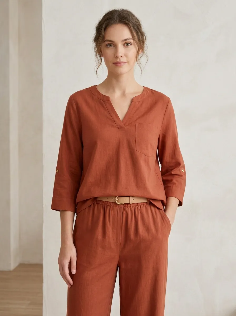 Pocket Three-Quarter-Sleeve Women's V-Neck Casual Lounge Set
