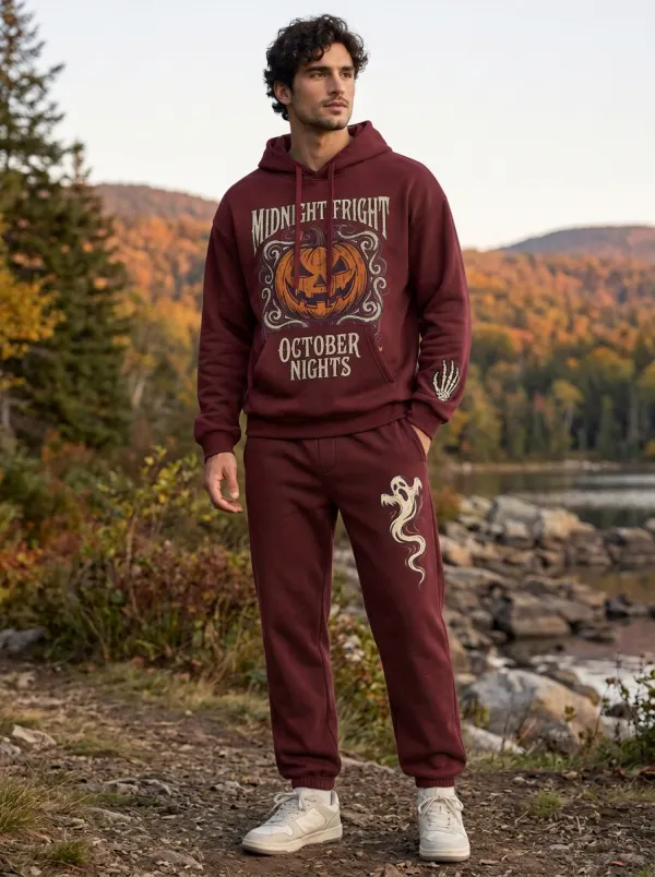 Men's Halloween Charcoal Pumpkin Ghost Skeleton-Hand Hoodie Jogger Set