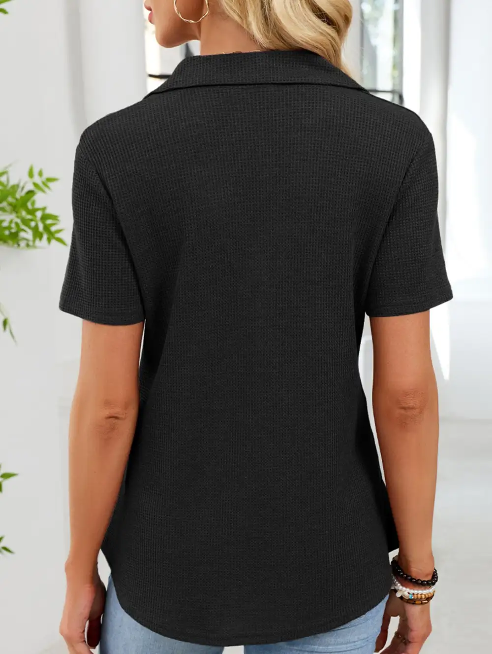 Lapel Waffle Knit Short Sleeve Top