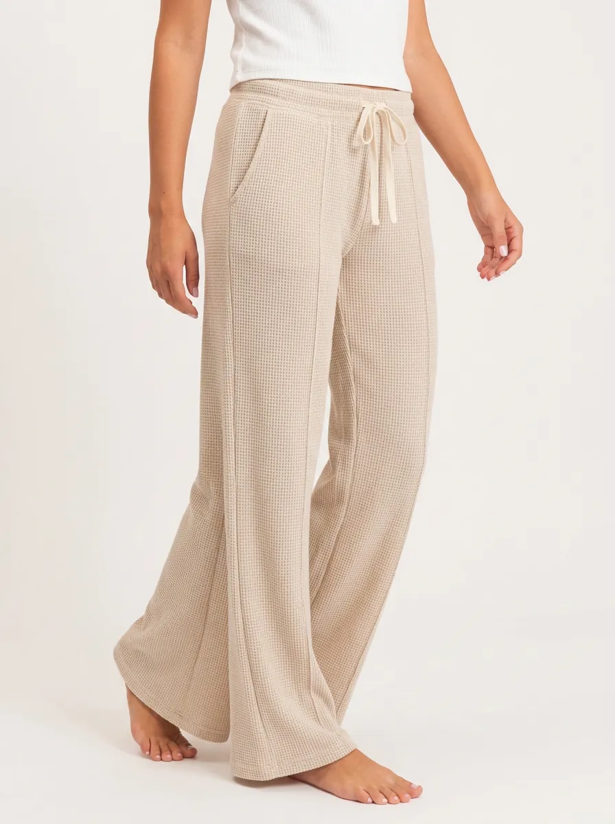 Women's Casual Lounge Waffle Knit Drawstring Wide Leg Pants