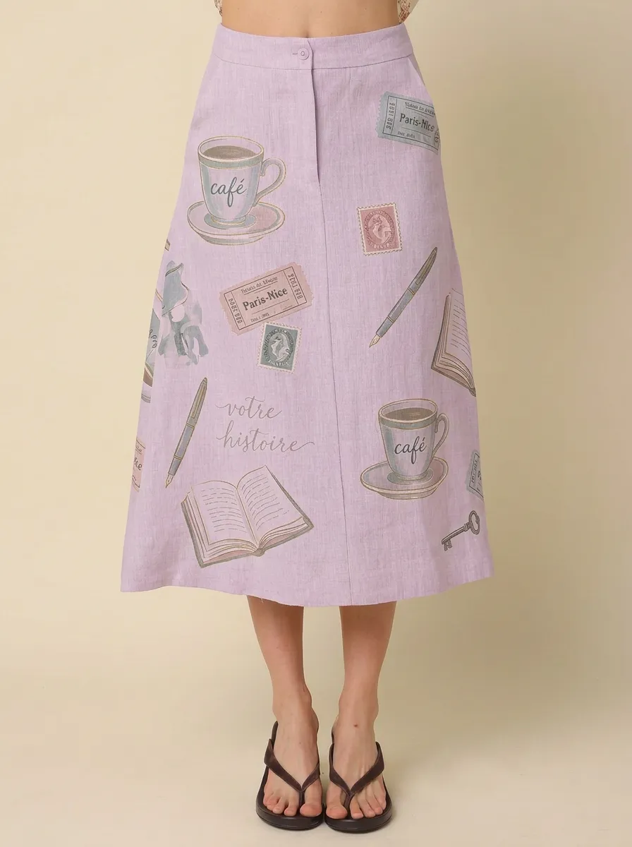 Women's Vintage Stationery Coffee Paris Printed A-line Skirt
