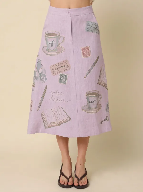 Women's Vintage Stationery Coffee Paris Printed A-line Skirt