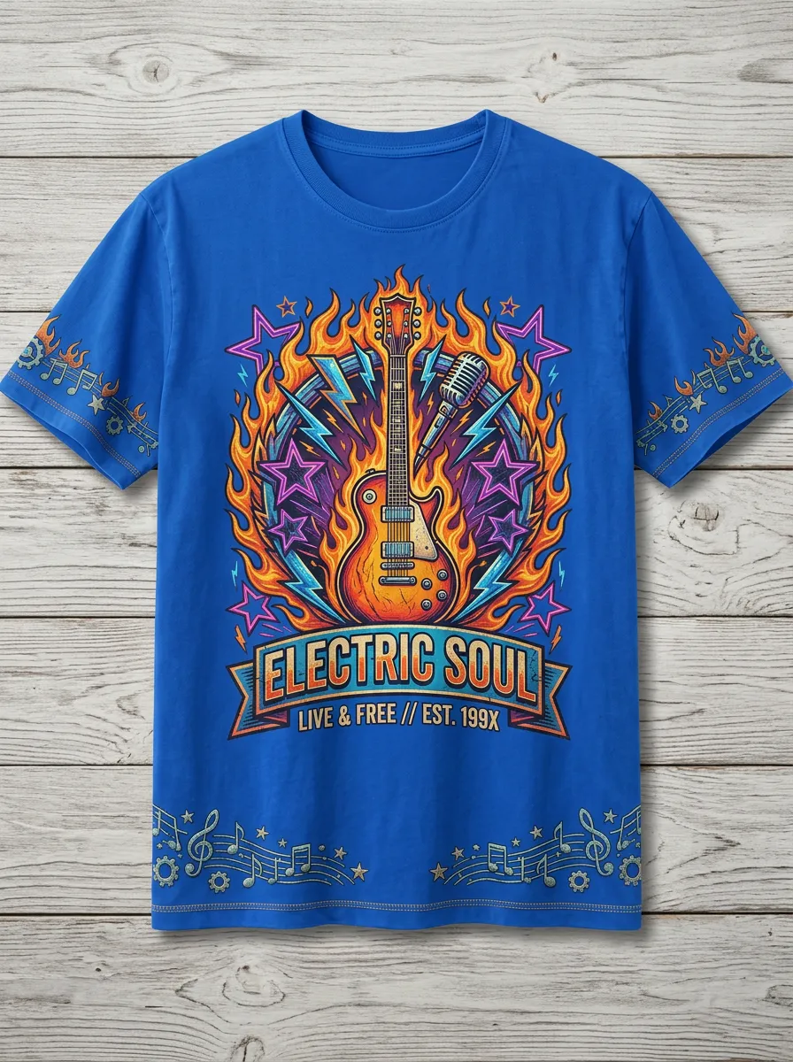 Unisex Rock Music Lover Electric Guitar Flame Printed T-shirt