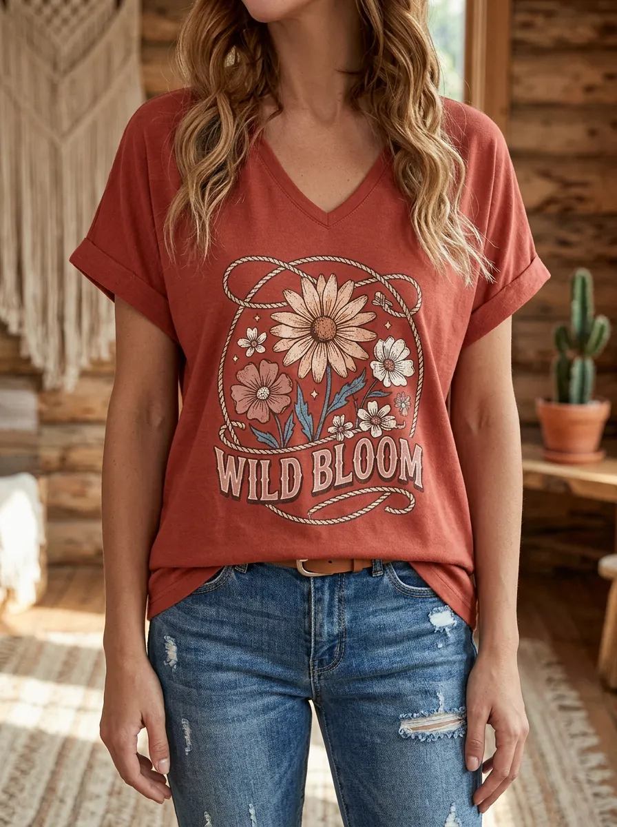 Refined Floral Western Women's V-Neck T-Shirt