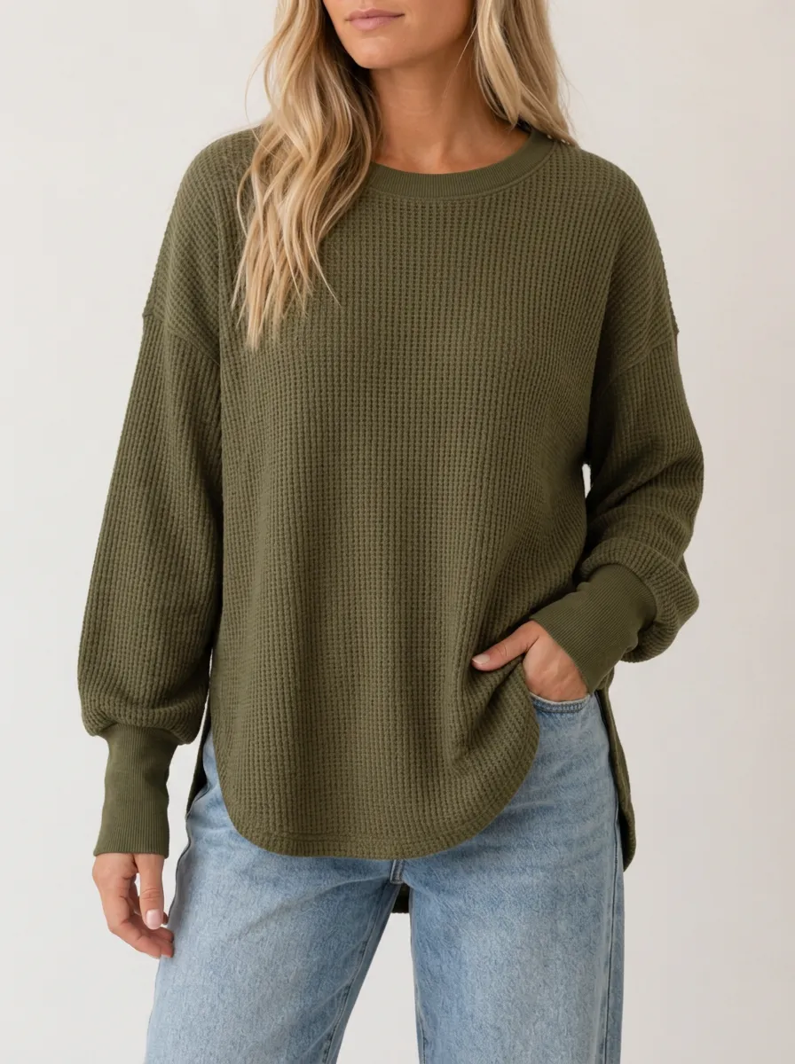 Casual Utility Waffle Knit Long Sleeve Crewneck Top