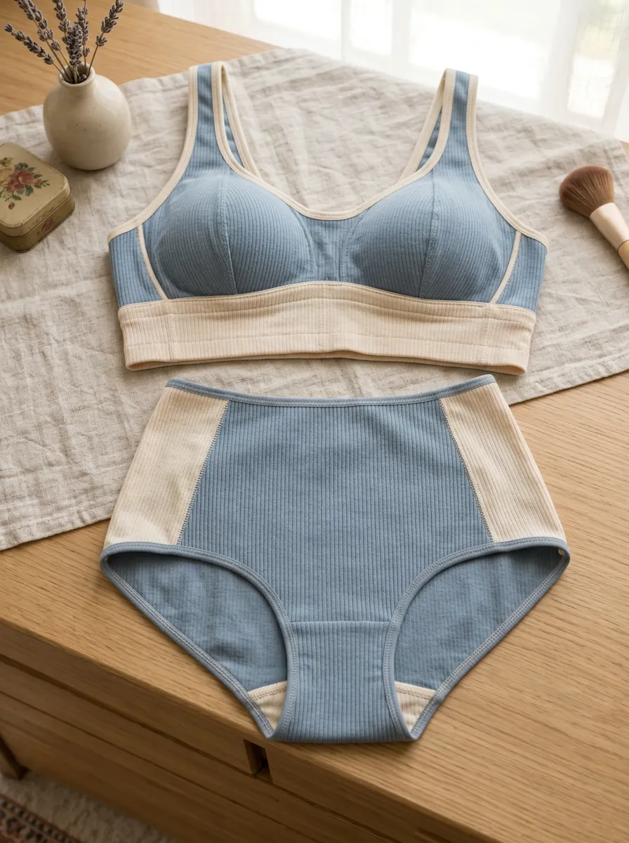 Women's Colorblock Ribbed And Ribbed Full Coverage Lingerie Set