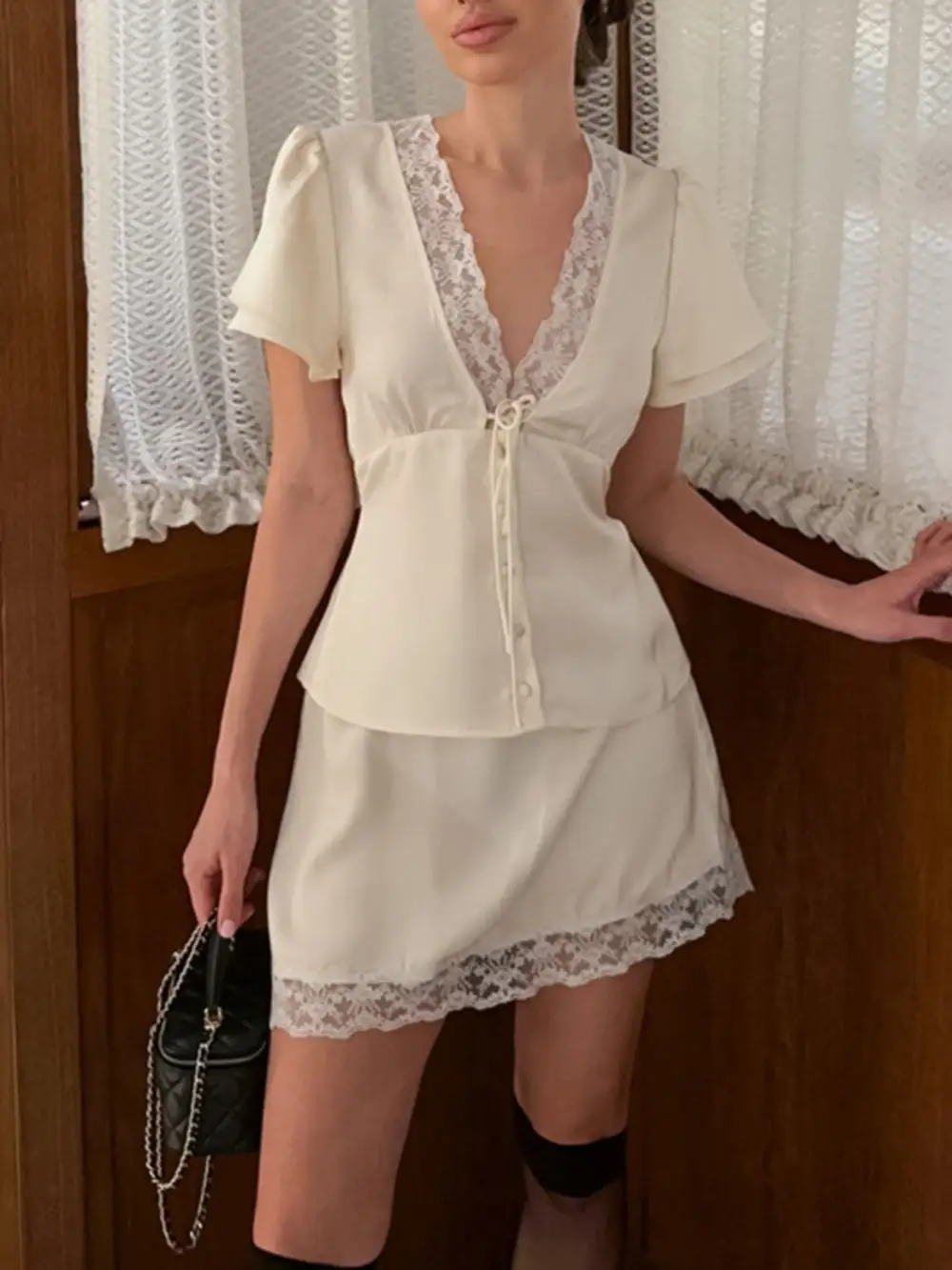 Lace Trimmed Top and Skirt Two Piece Set