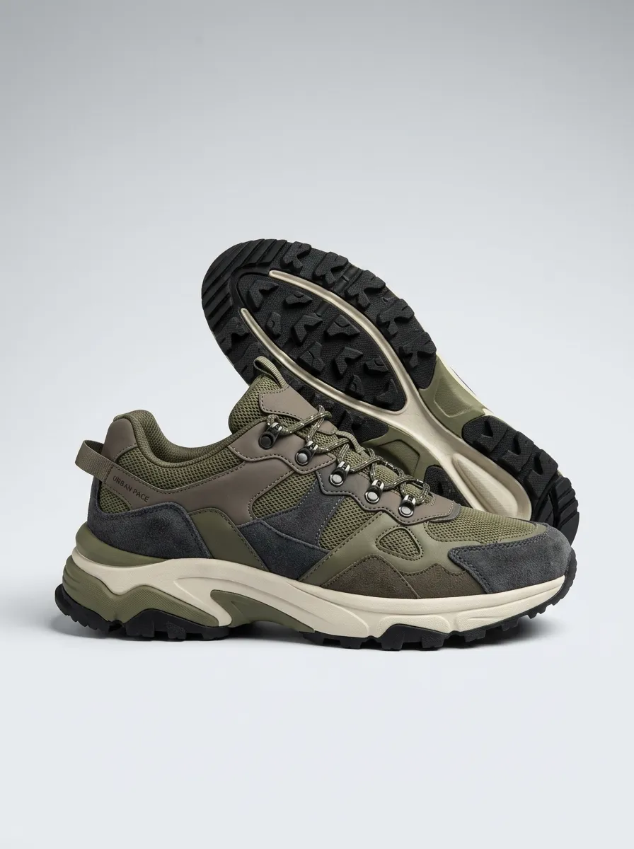Everyday Hiking-Inspired Suede-Panel Mesh-Panel Casual Sneakers