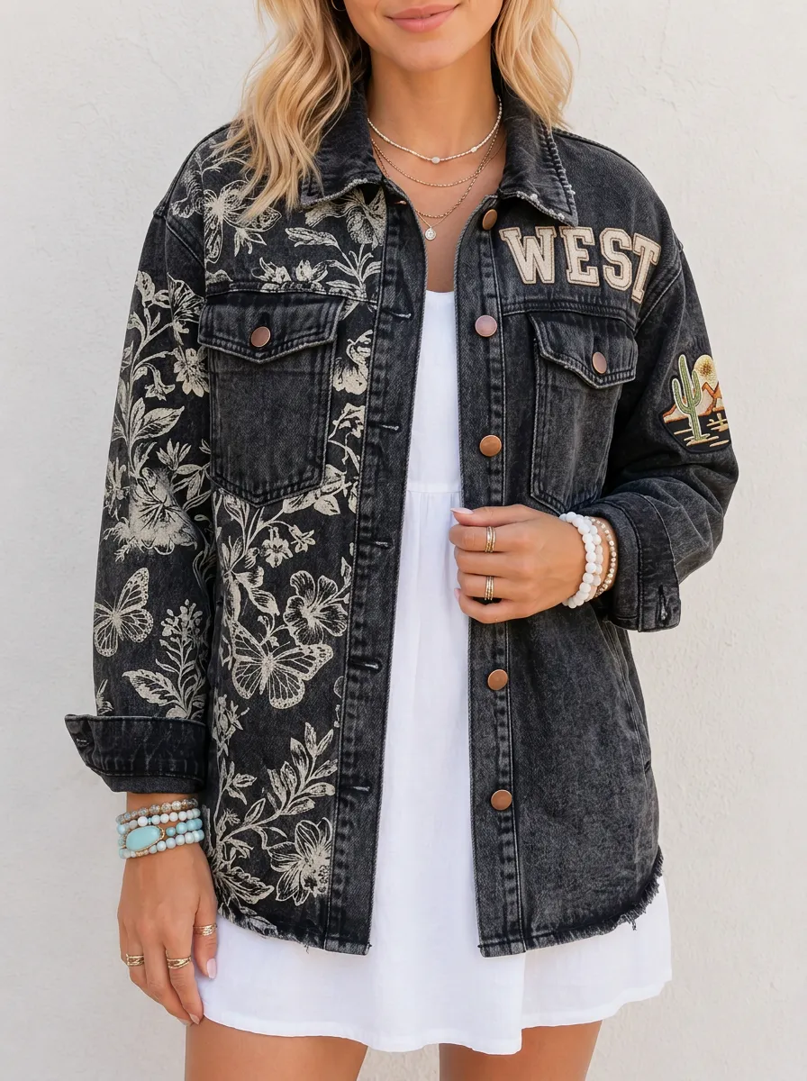 Women's Western Desert Floral Butterfly Printed Denim Jacket
