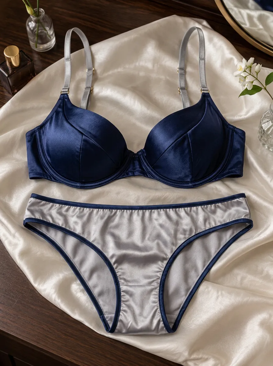 Women's And Satin Contrast And Adjustable Strap Lingerie Set