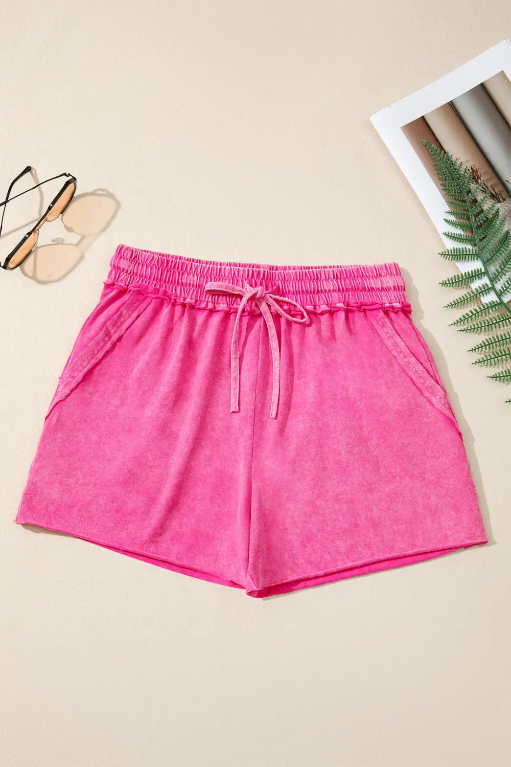 Elastic Waist Drawstring Washed Casual Shorts