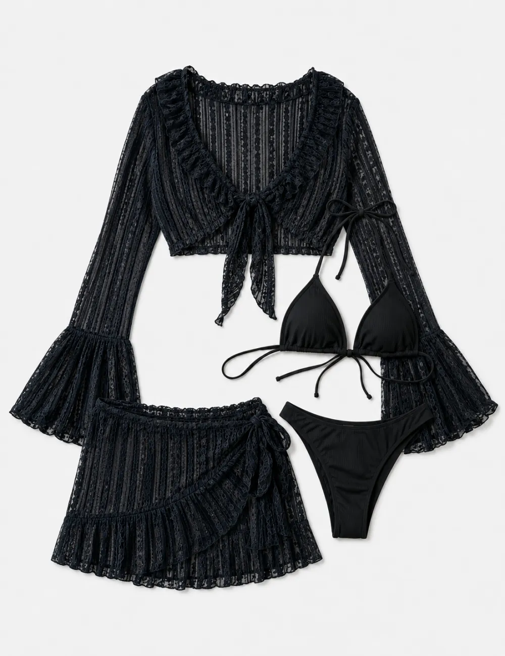 Solid Color Triangle Bikini Four Piece Set with Cover Up and Mini Skirt
