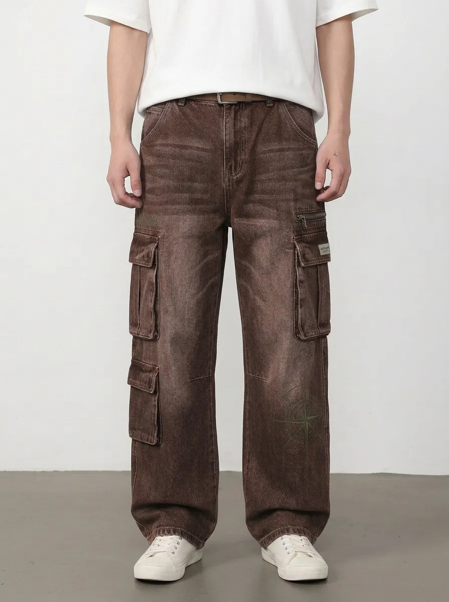 Men's Streetwear Compass Graphic Denim Cargo Jeans