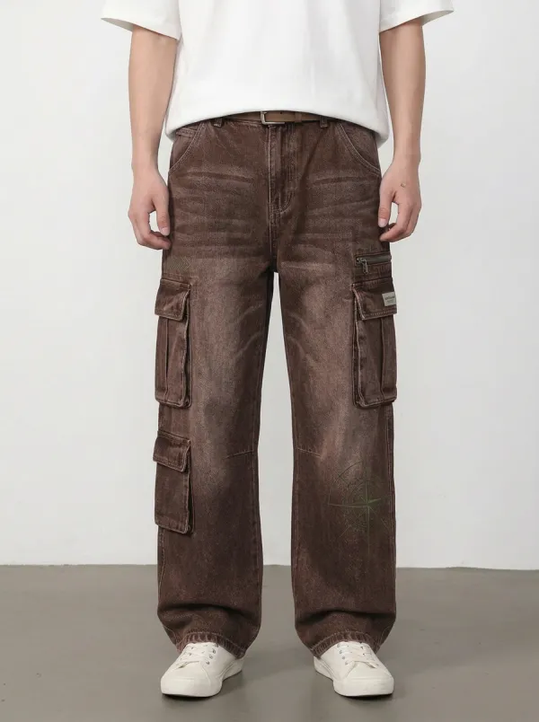 Men's Streetwear Compass Graphic Denim Cargo Jeans
