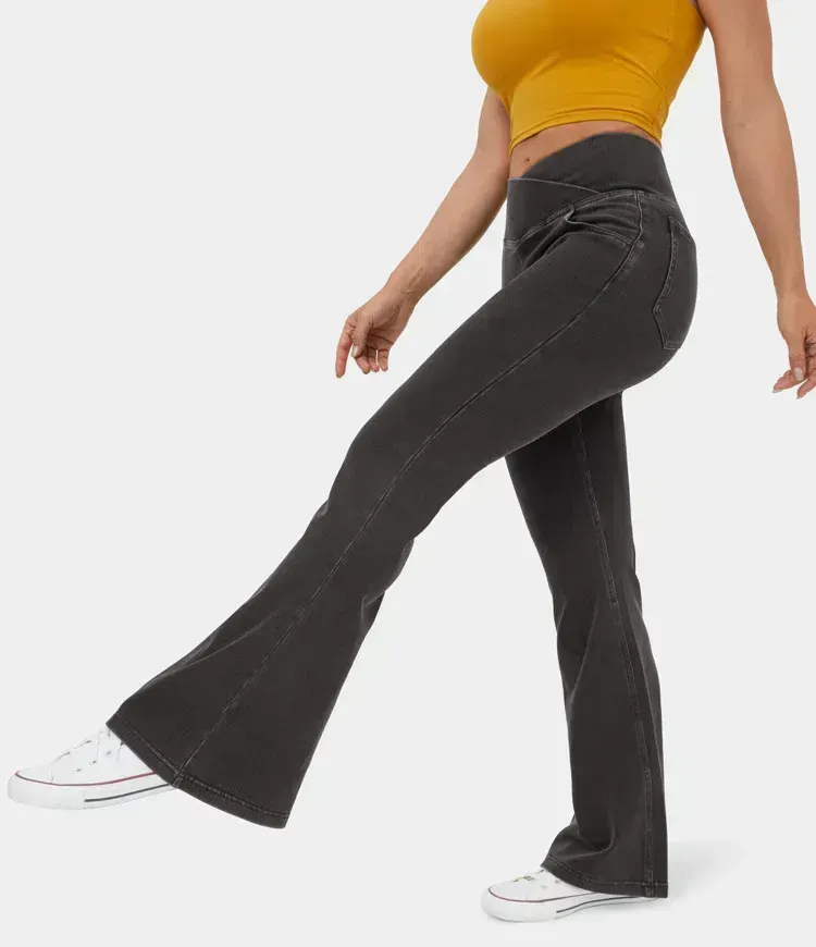 High Waisted Crossover Pocket Washed Stretchy Knit Denim Casual Super Flare Pants