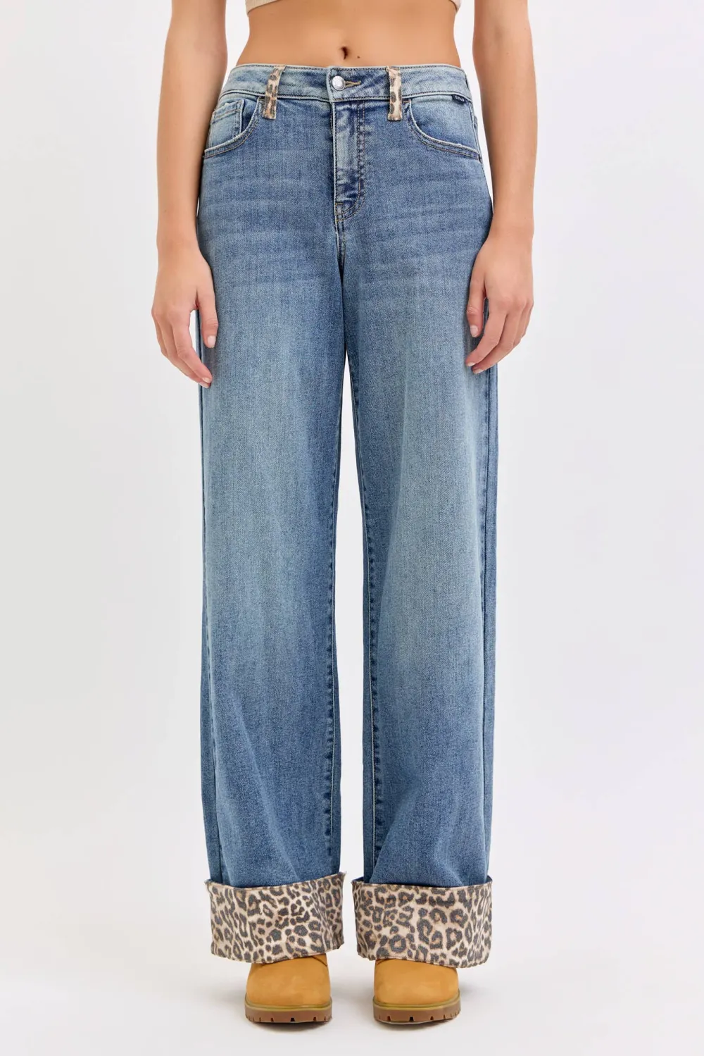 Women's Leopard-Cuff Mid-Rise Wide-Leg Jeans