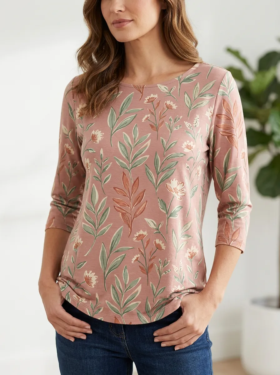 Wardrobe-Essential Floral Women's Three-Quarter Sleeve Top