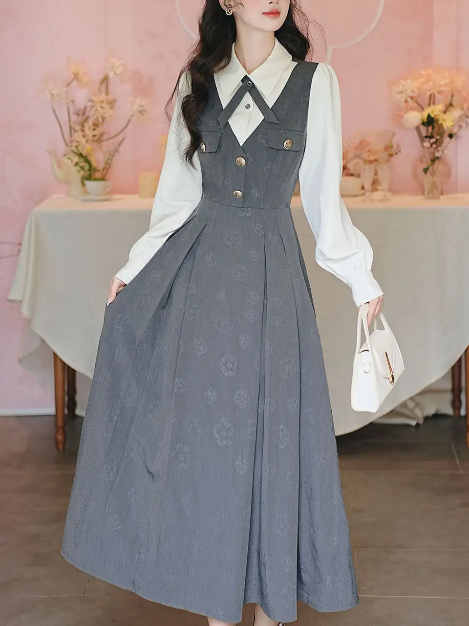 Bow V Neck Shirt Maxi Dress