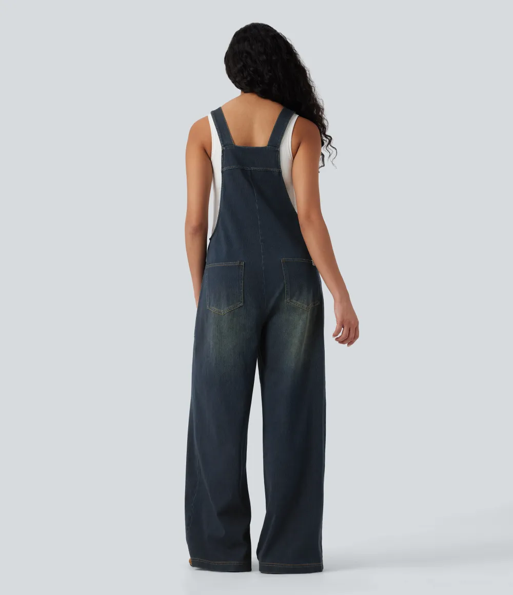  Square Neck Washed Denim Casual Overalls with Pockets