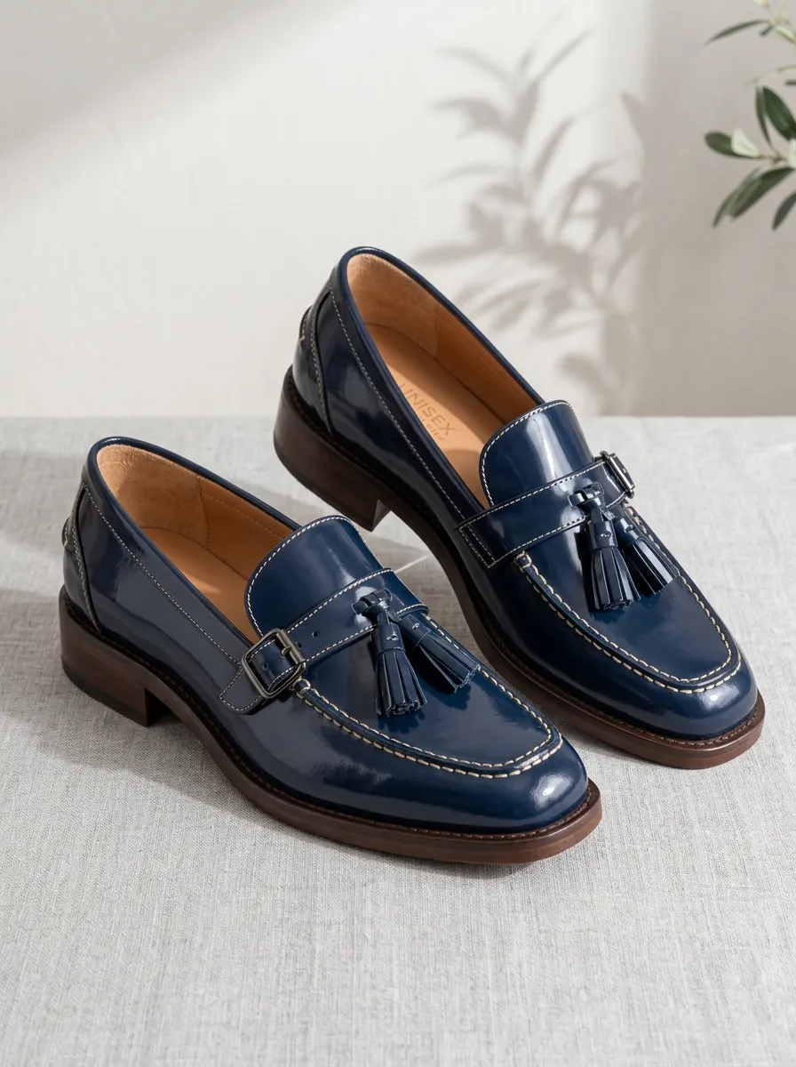 Unisex Navy Blue Patent Leather Tassel Buckle Loafers