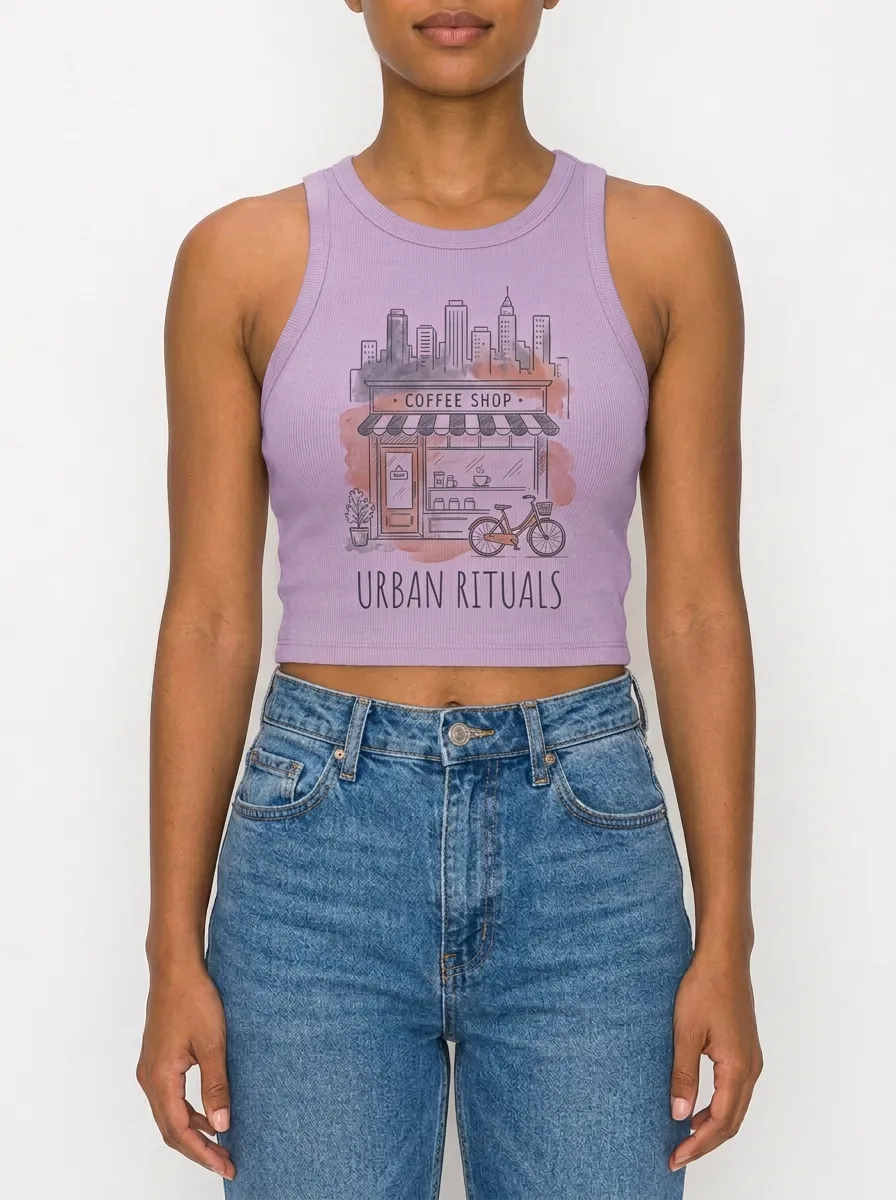 Women's Coffee Lover Urban Rituals Cityscape Printed Crop Tank Top