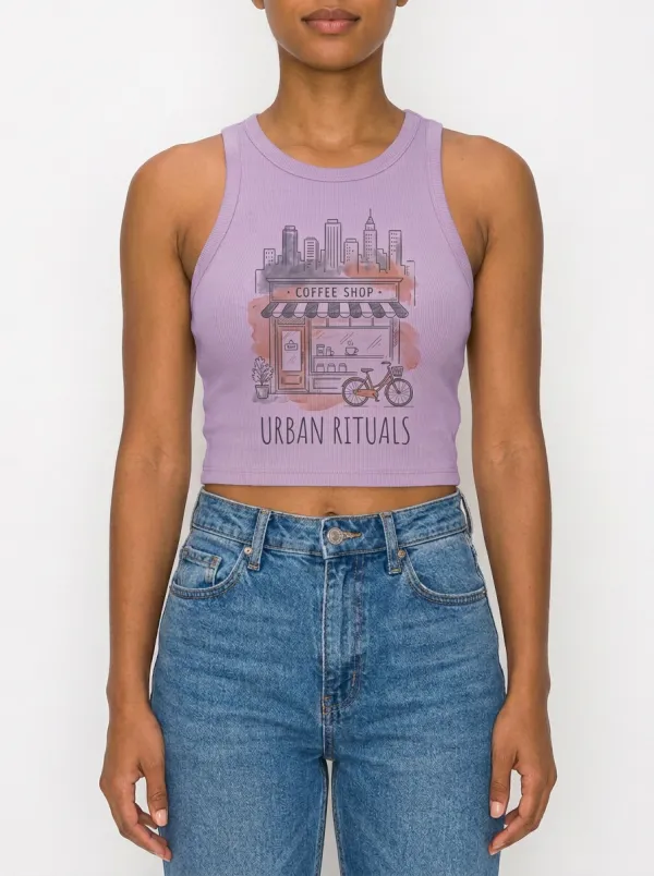 Women's Coffee Lover Urban Rituals Cityscape Printed Crop Tank Top