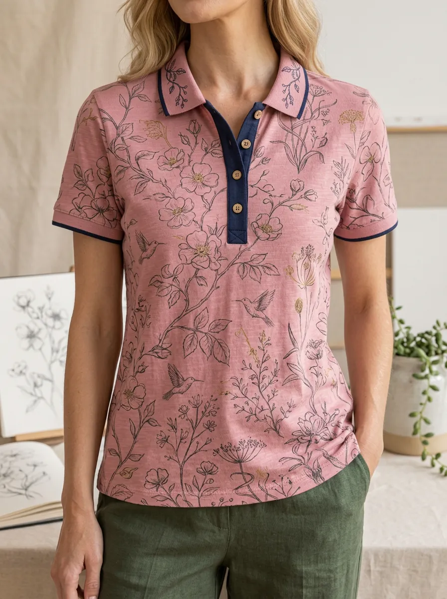 Women's Hummingbird Floral Nature Lover Printed Polo Shirt