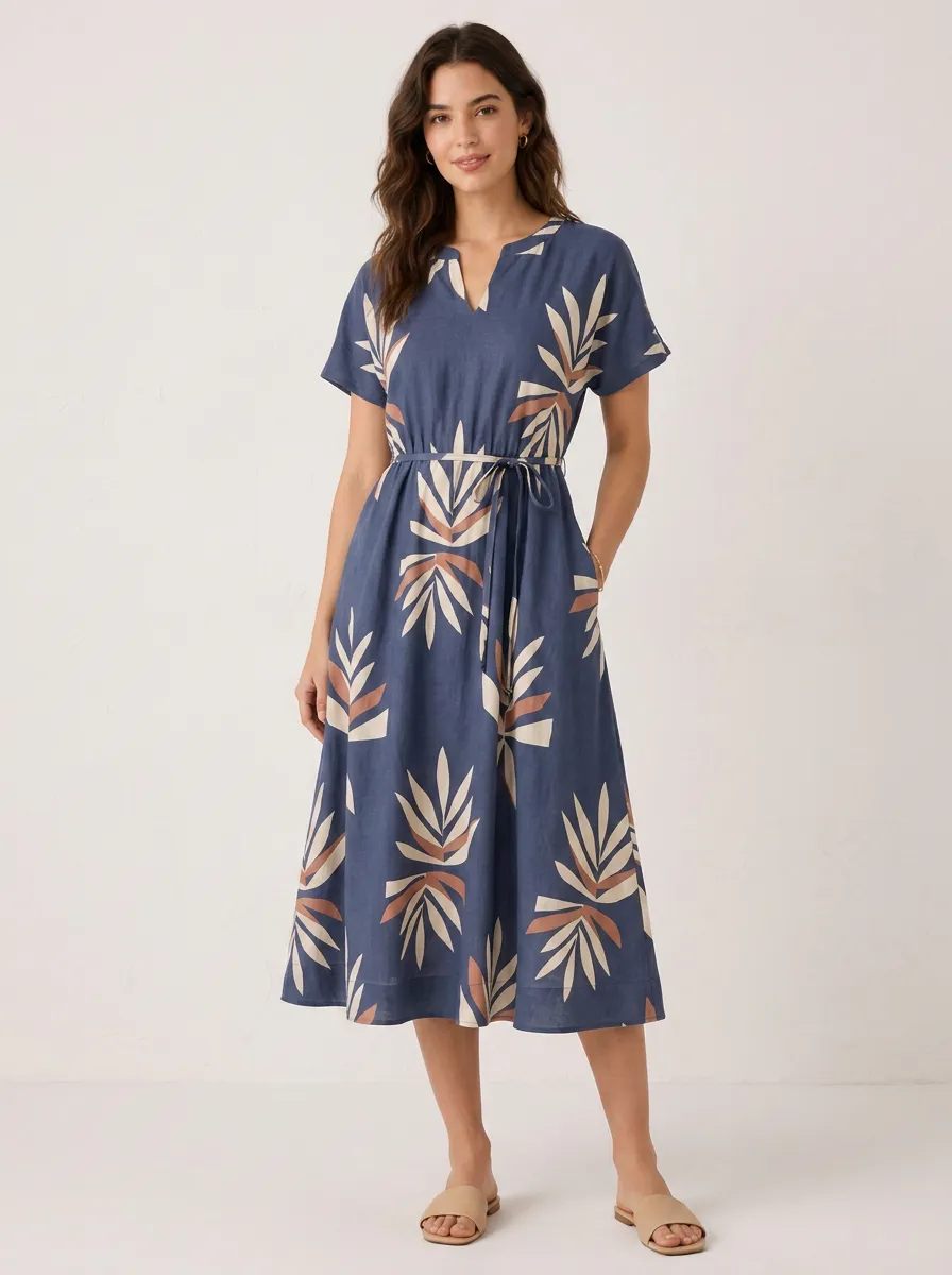 Women's Boho Tropical Leaf Pattern Printed Midi Dress
