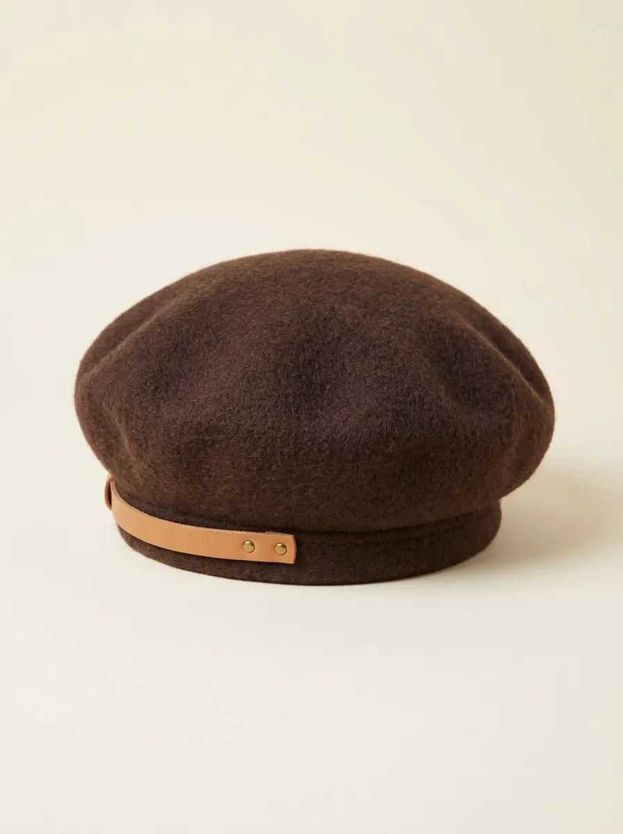 Unisex Vintage Brown Wool-Blend Leather-Look Strap Beret