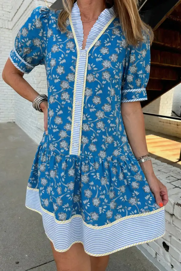 Women's Floral Print Striped Short Sleeve Half Button Dress