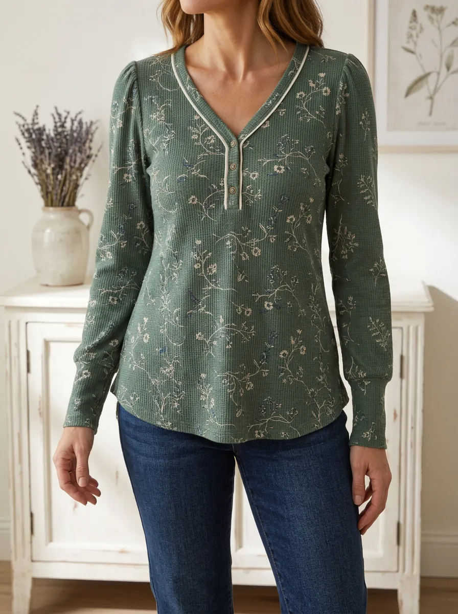 Women's Floral Botanical Green Waffle Knit Printed Henley Shirt