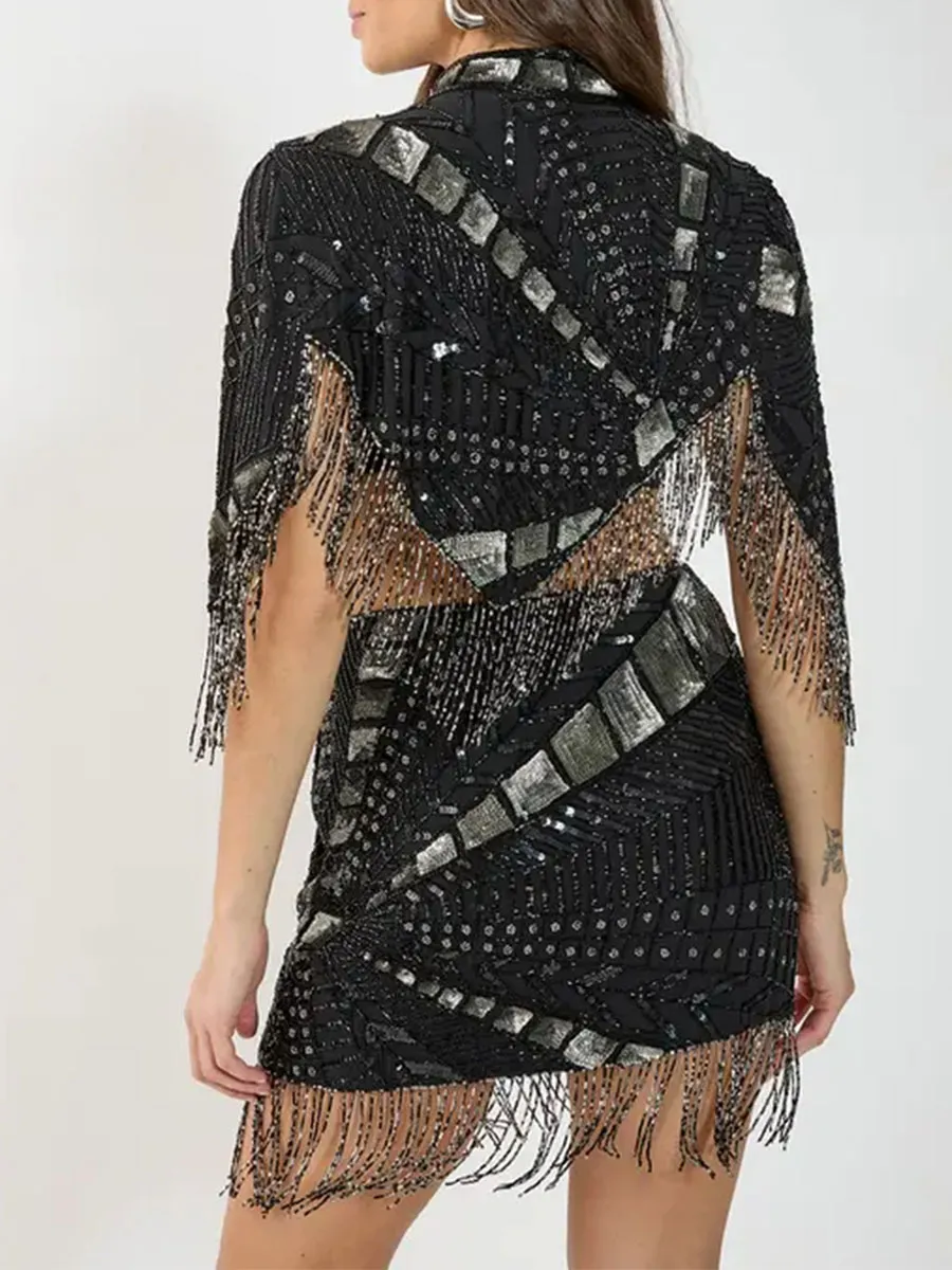Women's Black & Silver Sequin Fringe Mini Skirt