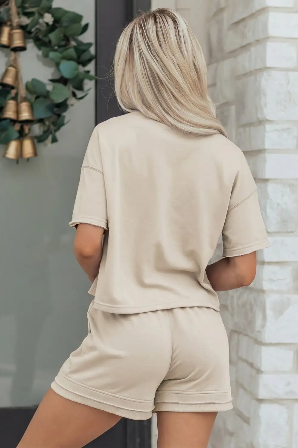 Women's Solid Color Contrast Textured Patchwork Raw Edge Two Piece Short Set