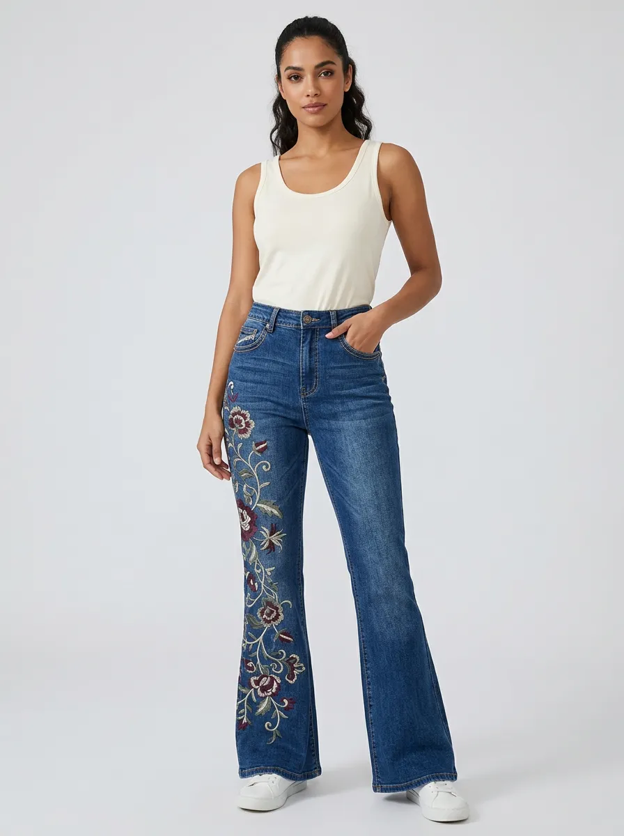 Women's Medium Wash Floral Embroidered Flare Jeans