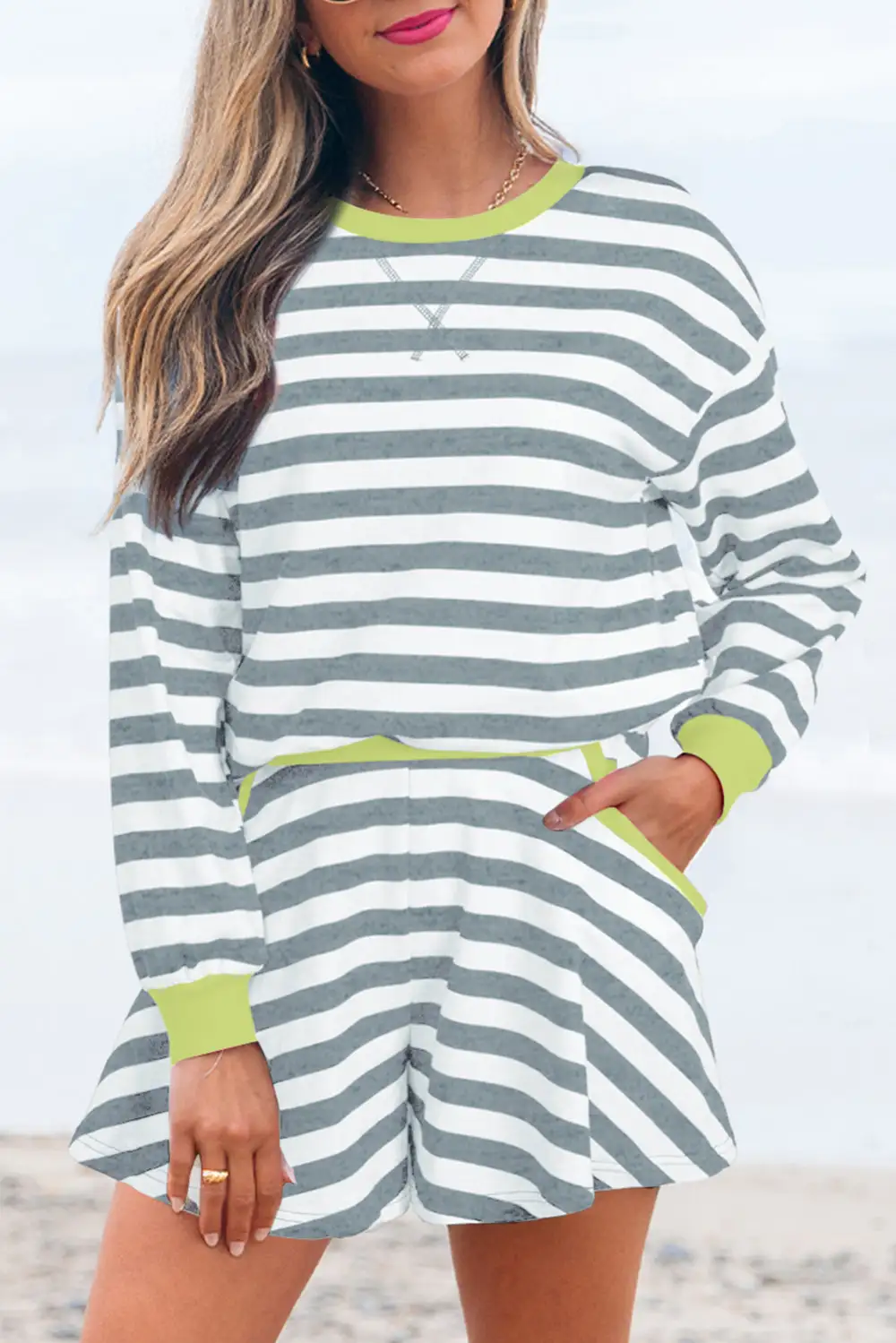 Stripe Ribbed Relaxed Shorts Lounge Set