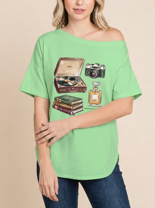 Women's Vintage Record Camera Book Perfume Printed T-Shirt