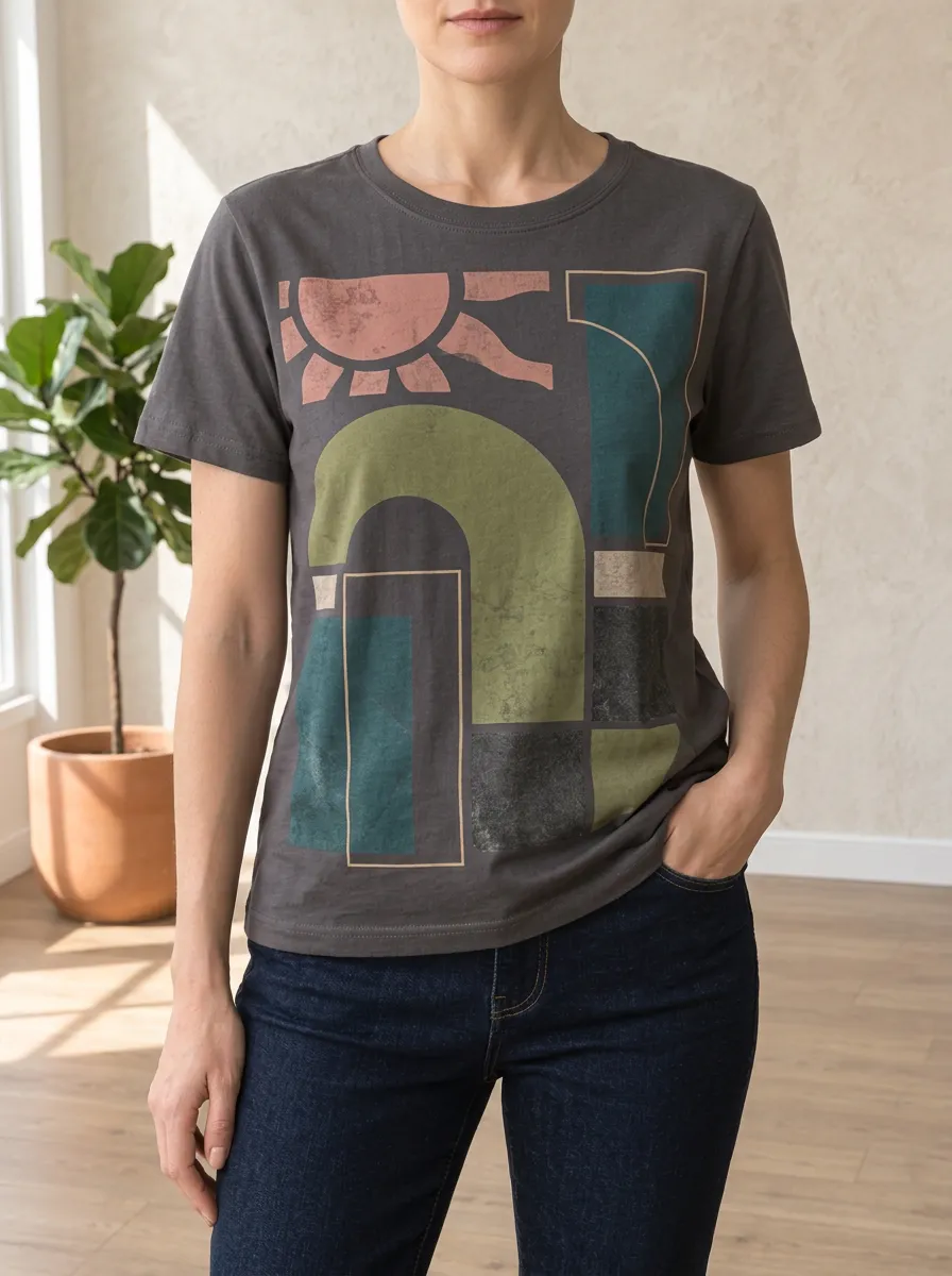 Women's Abstract Geometric Sun Printed Crewneck T-shirt
