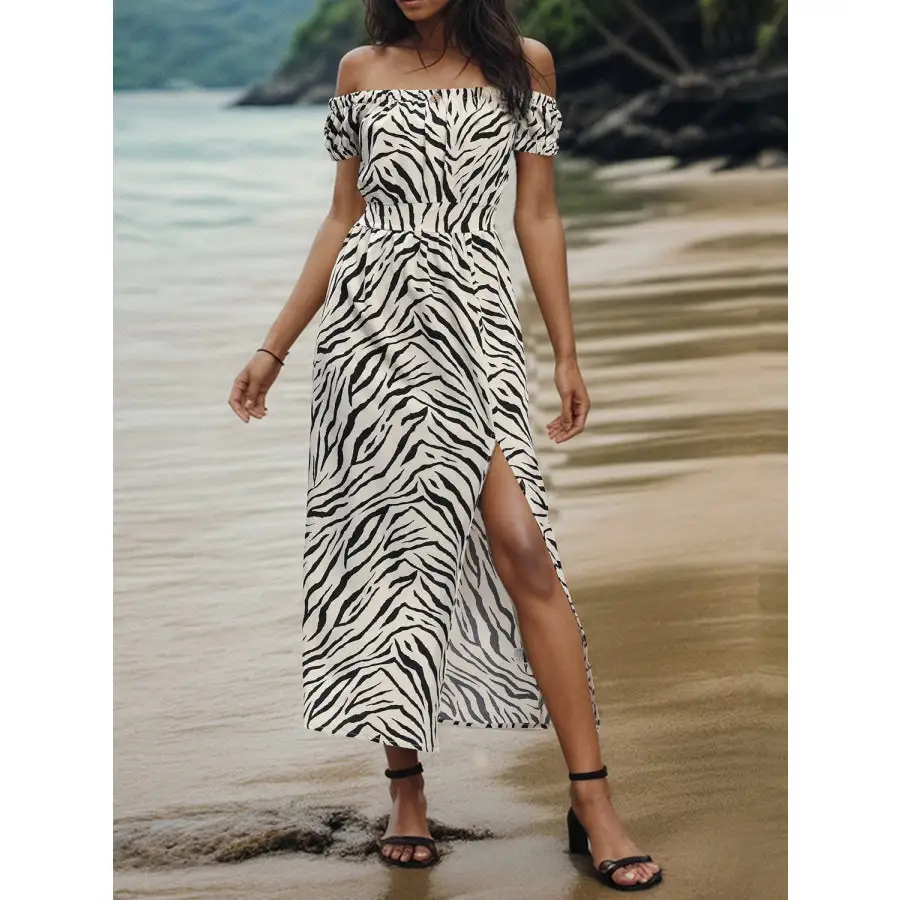 Slit Animal Off-Shoulder Midi Dress