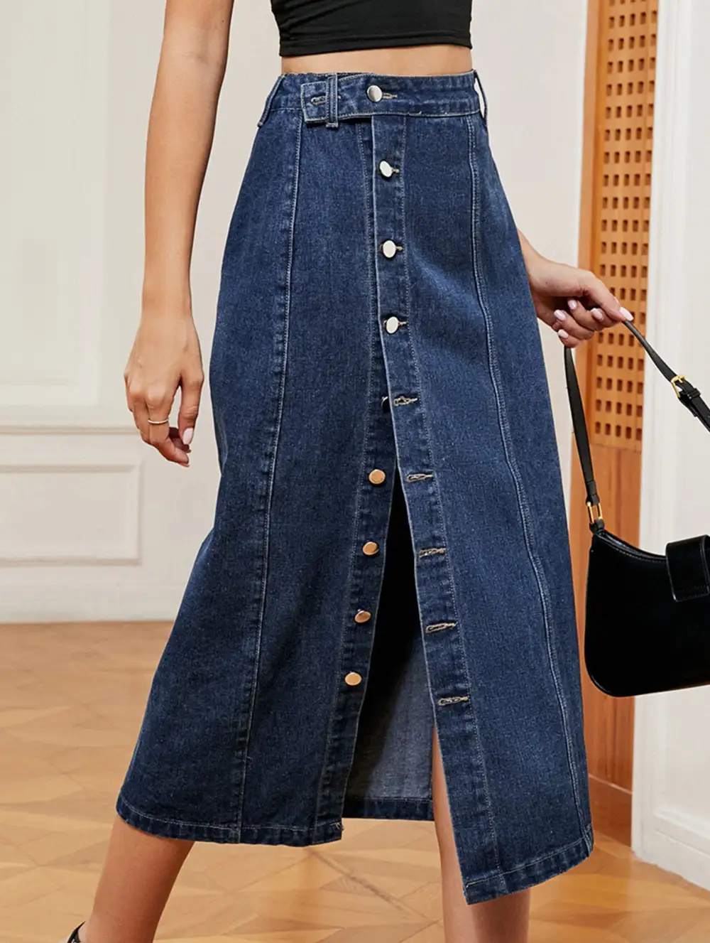 Denim Elastic Waist Midi Skirt