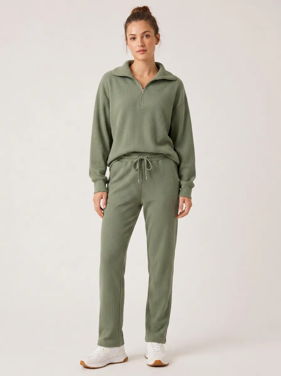 Women's Casual Lounge Olive Green Waffle Knit Quarter-Zip Tracksuit Set
