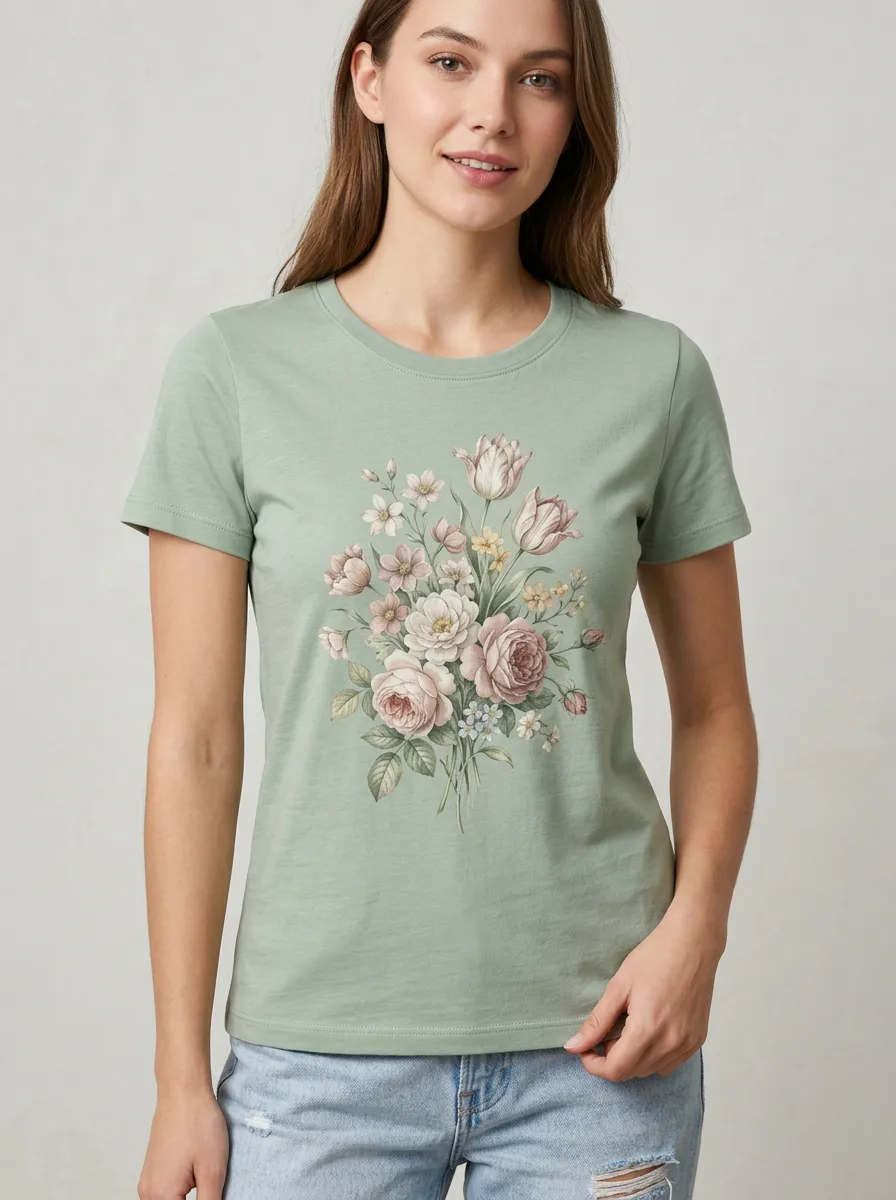 Women's Botanical Floral Bouquet Printed T-shirt