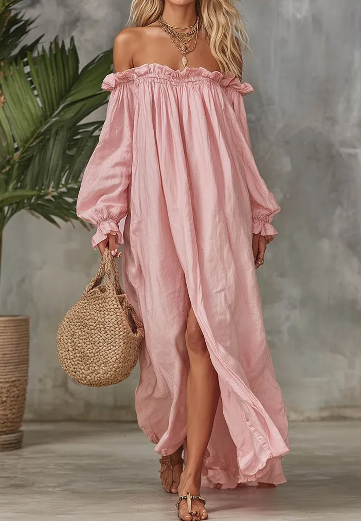 Casual Off Shoulder Puff Maxi Dress